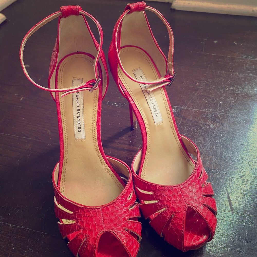 DVF red snakeskin heels
